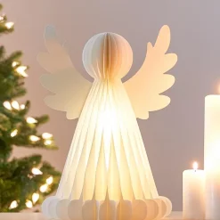 Ange lumineux à piles 6 LED (H38 cm) Papier fermeture magnétique Blanc