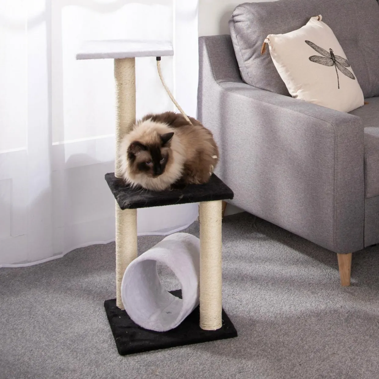 Arbre à chat avec jouet et tunnel Noir