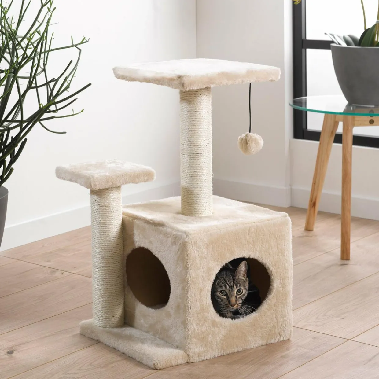 Arbre à chat avec jouet et niche Ecru
