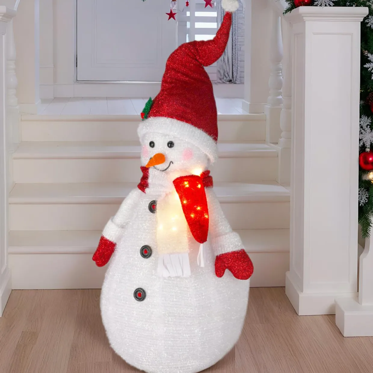 Bonhomme de neige lumineux à piles (H120 cm) Pliable Rouge pailleté