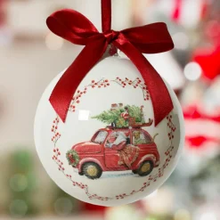 Boule de Noël (D100 mm) Noeud rouge Voiture du Père Noël Blanc