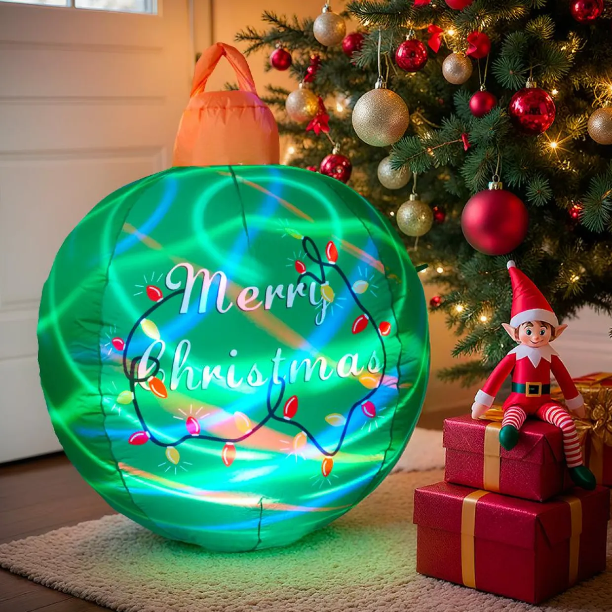 Boule de Noël gonflable et lumineuse LED (D90 cm) Merry Christmas Verte