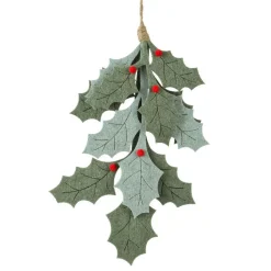 Branche à suspendre en feutrine (H28 cm) Houx de Noël et baies Rouge