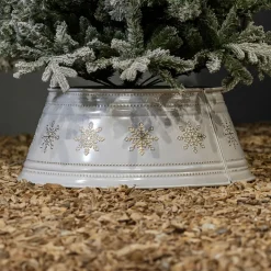 Cache pied de sapin en métal (D70 cm) Blanc et Flocons dorés