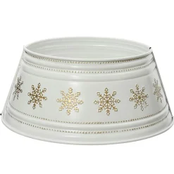 Cache pied de sapin en métal (D70 cm) Blanc et Flocons dorés