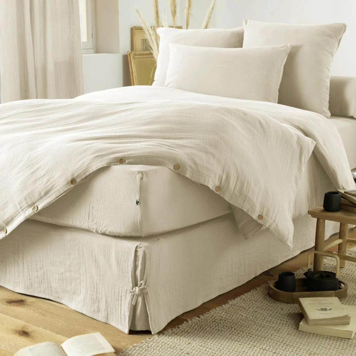Cache-sommier Gaze de coton (140 x 190 cm) Gaïa Beige pampa