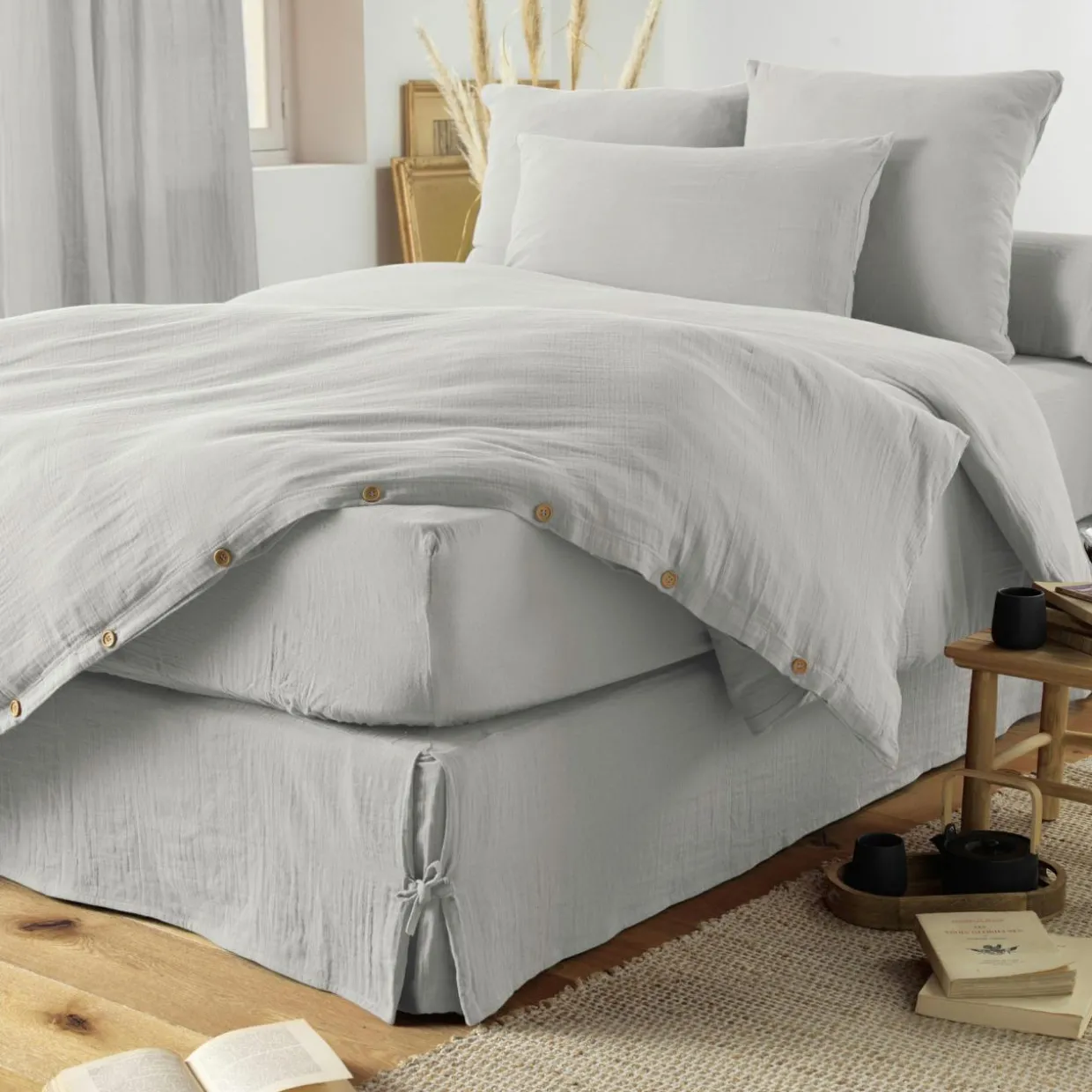 Cache-sommier Gaze de coton (140 x 190 cm) Gaïa Gris nuage