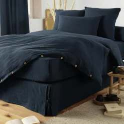 Cache-sommier Gaze de coton (140 x 190 cm) Gaïa Bleu nuit