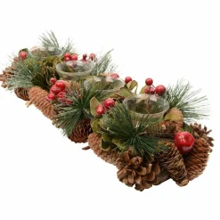 Centre de table 4 photophores (48 cm) Pommes de pin et baies