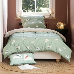 Couette imprimée enfant et une taie d'oreiller (140 x 200 cm) Petits papiers Verte