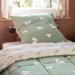 Couette imprimée enfant et une taie d'oreiller (140 x 200 cm) Petits papiers Verte