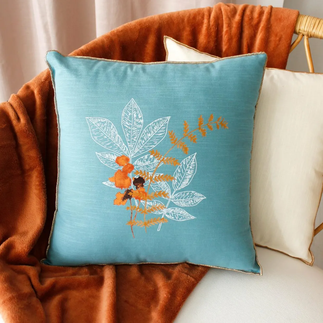 Coussin carré (40 cm) Vegetalis motif Bleu lagon