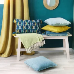 Coussin carré (40 x 40 cm) Pompons Bleu canard