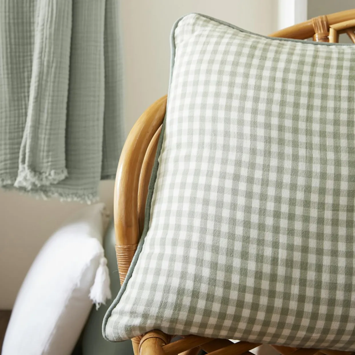 Coussin carré gaze de coton (45 x 45 cm) Gaïa vichy Vert eucalyptus