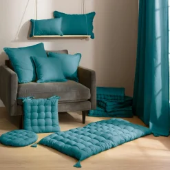 Coussin de chaise rond coton (40 cm) Pixel Bleu canard