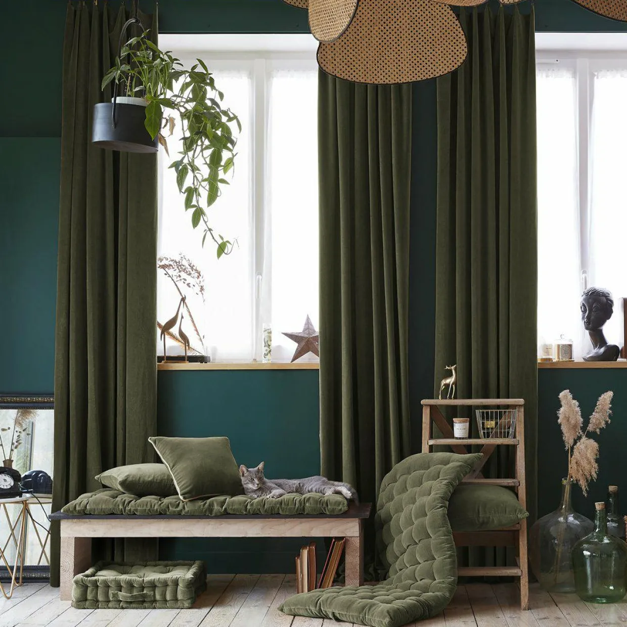 Coussin de sol carré velours de coton (50 x 50 cm) Victor Vert thym