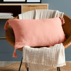 Coussin rectangulaire gaze de coton (40 x 60 cm) Gaïa Rose pêche