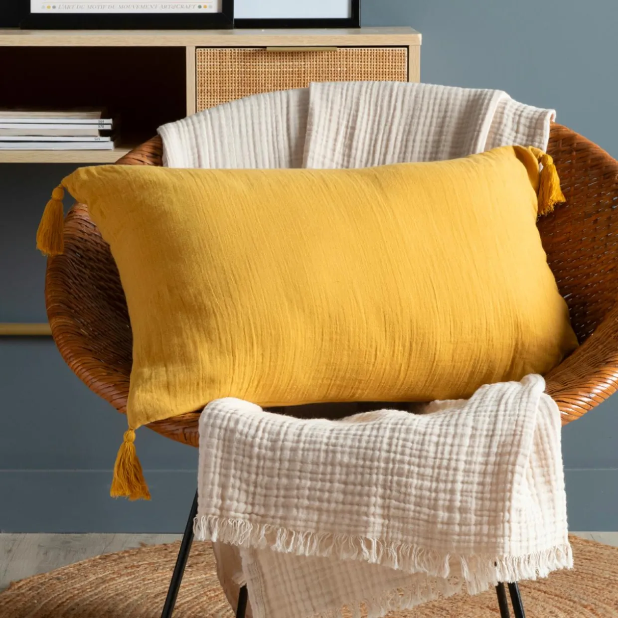Coussin rectangulaire gaze de coton (40 x 60 cm) Gaïa Jaune safran