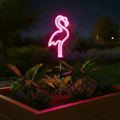 Décoration lumineuse Solaire à piquer au sol (H74 cm) néon Flamant Rose