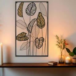 Décoration murale en métal (H82 cm) Feuilles en ratan Noir