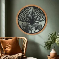 Décoration murale ronde en métal (D60 cm) Ginkgo Noir