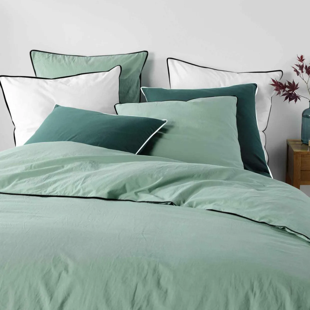 Drap housse coton lavé (140 x 190 cm) Linette Vert sauge