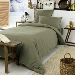 Drap housse flanelle de coton (90 x 190 cm) Théa Vert romarin