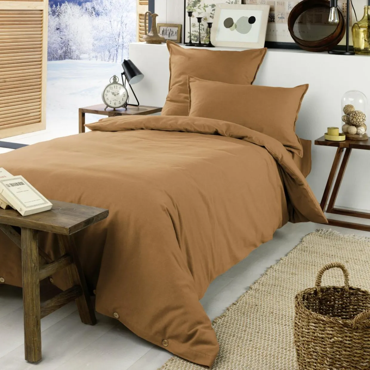 Drap housse flanelle de coton (90 x 190 cm) Théa Camel