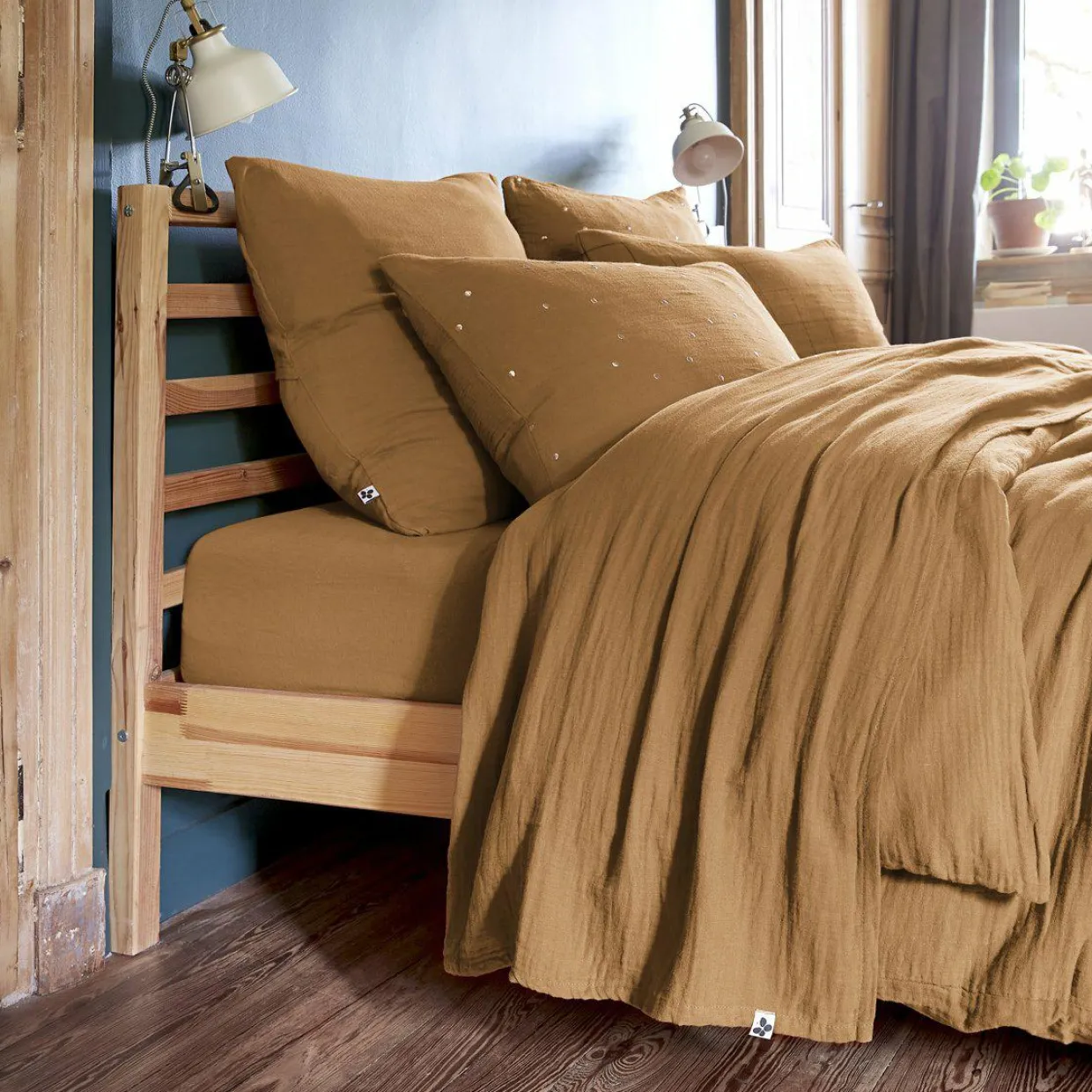 Drap plat gaze de coton (240 x 300 cm) Gaïa Camel