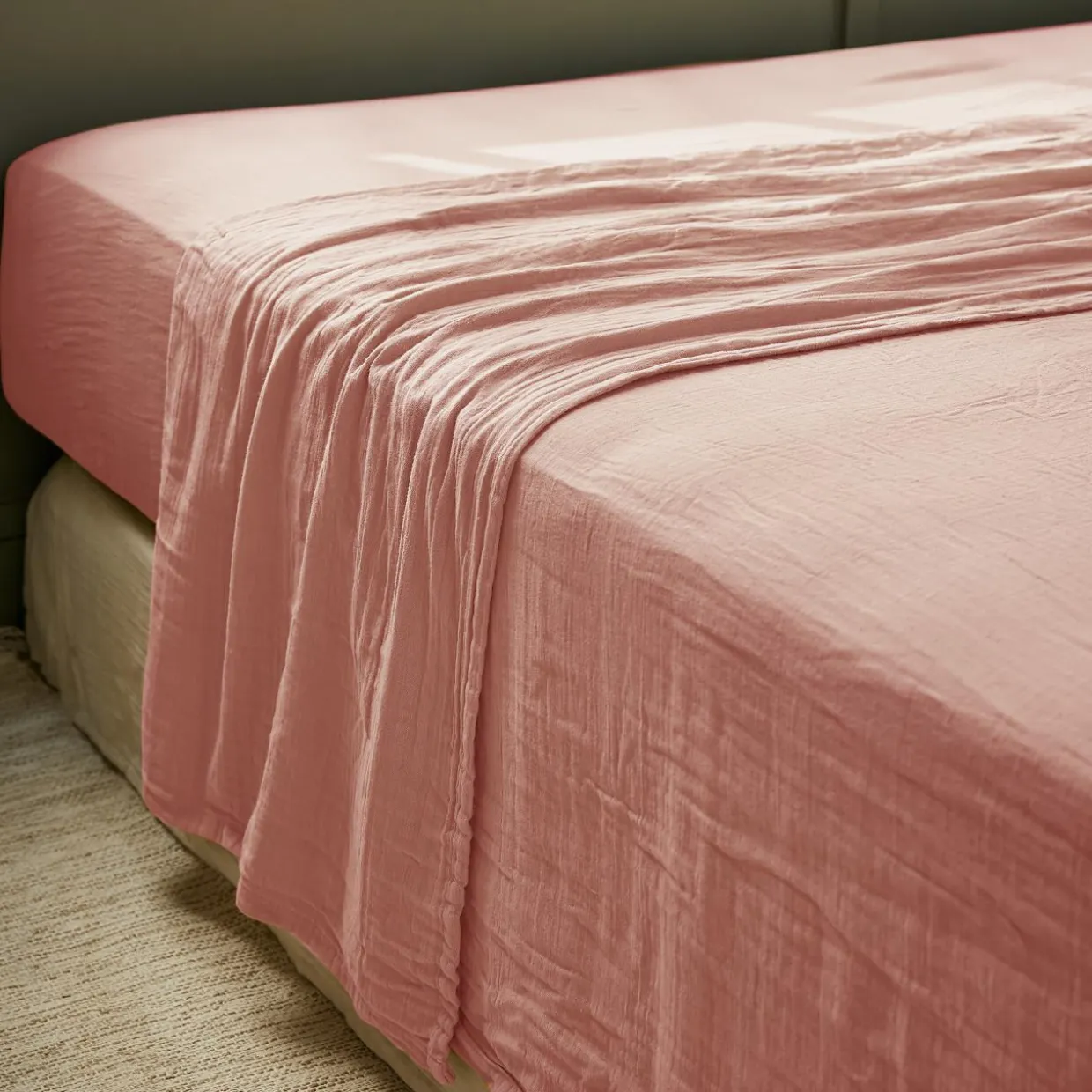 Drap plat gaze de coton (240 x 300 cm) Gaïa Rose pêche