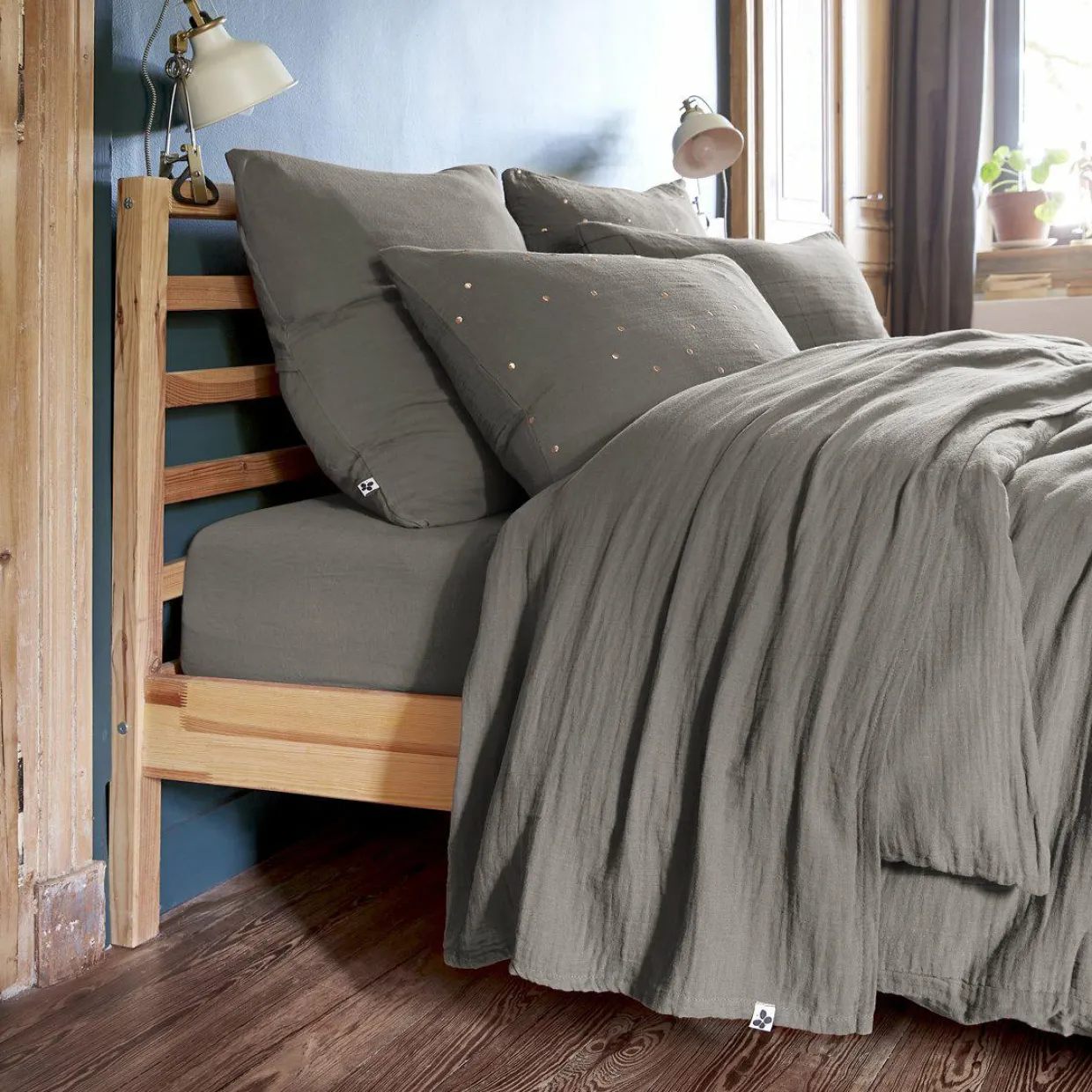 Drap plat gaze de coton (240 x 300 cm) Gaïa Gris granit