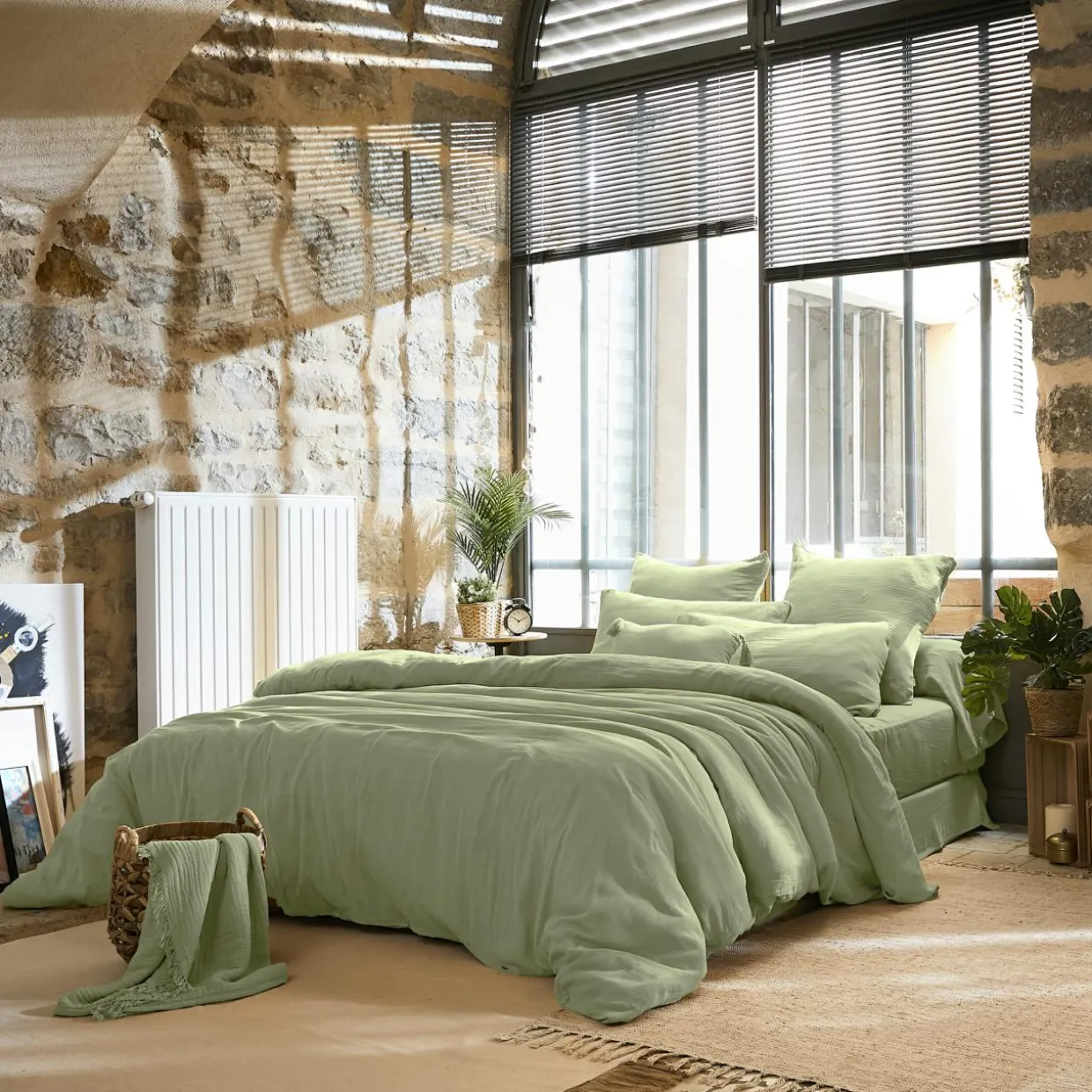 Drap plat gaze de coton (270 x 300 cm) Gaïa Vert tilleul