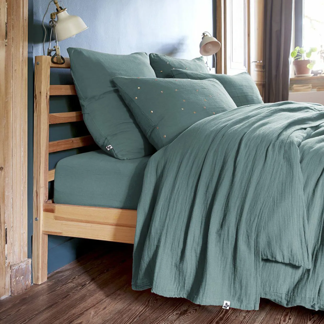 Drap plat gaze de coton (240 x 300 cm) Gaïa Bleu canard