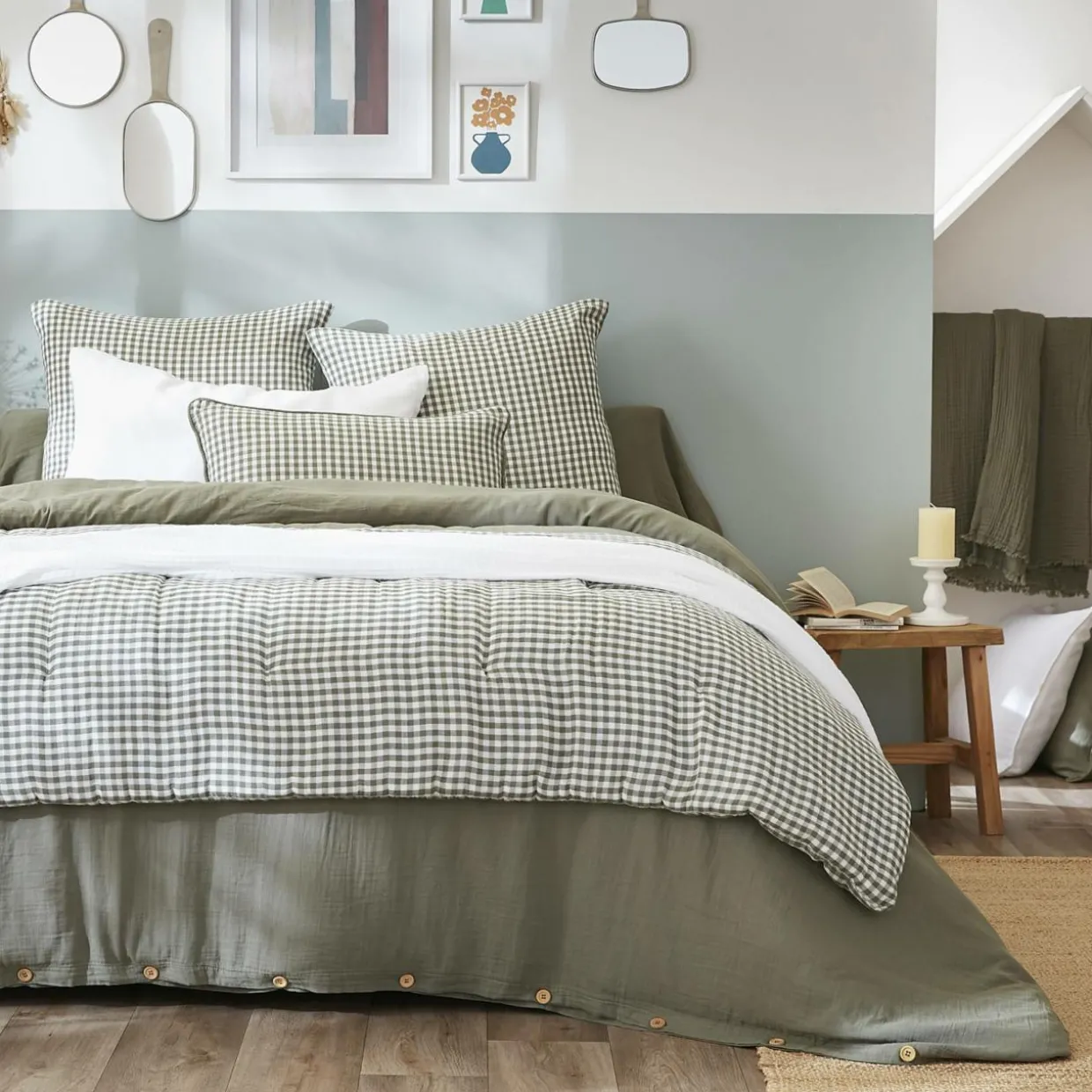 Edredon gaze de coton (90 x 200 cm) Gaïa vichy Vert romarin