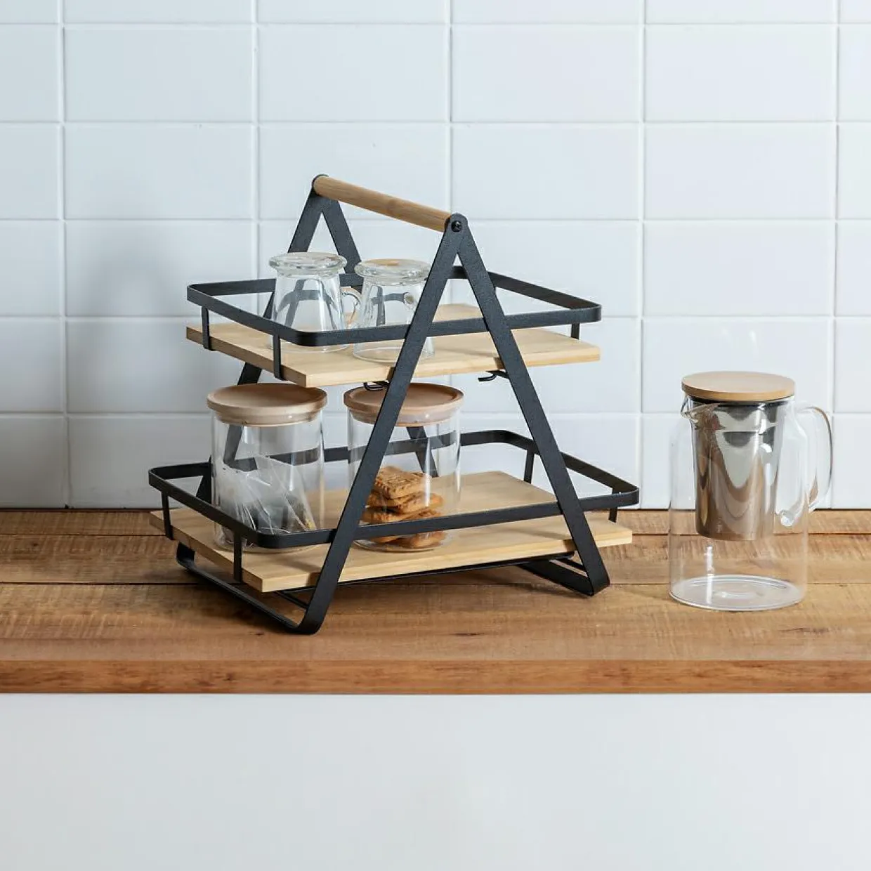 Etagère cuisine transportable en bois 2 niveaux avec anse (H29 cm) Ordera Noir