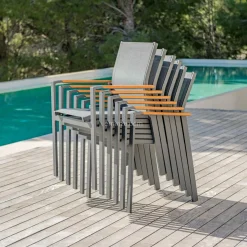 Fauteuil de jardin aluminium et bois teck empilable Bali Gris anthracite