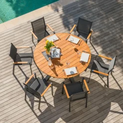 Fauteuil de jardin aluminium et bois teck empilable Bali Gris anthracite