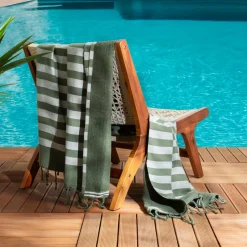 Fouta coton recyclé doublé éponge (100 x 200 cm) Coralia Vert kaki