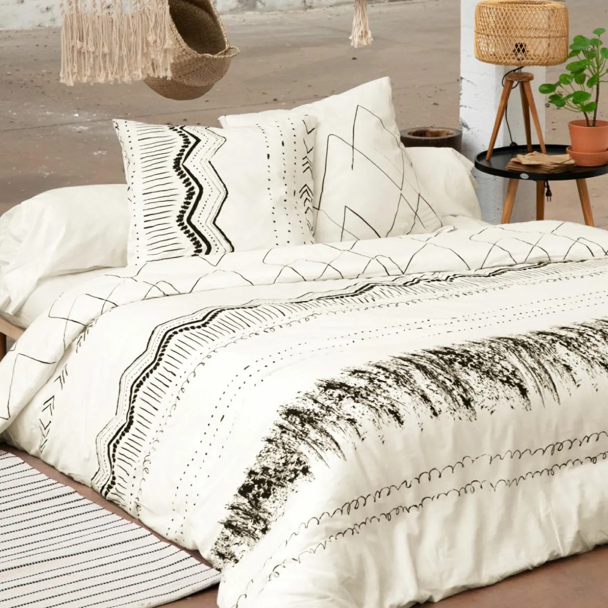 Housse de couette et deux taies coton (240 x 220 cm) Berbère Noire