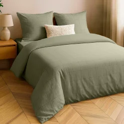 Housse de couette et deux taies d'oreiller coton lavé (240 x 220 cm) Linella Vert sauge