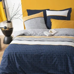 Housse de couette et deux taies coton (240 x 220 cm) Ray Etni Bleue