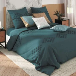 Housse de couette et deux taies coton lavé (260 x 240 cm) Moura Bleu canard