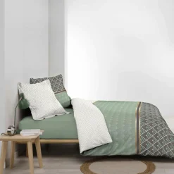 Housse de couette et deux taies percale de coton (240 x 220 cm) Belor Verte