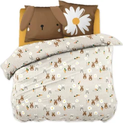 Housse de couette et deux taies enfant coton (240 x 220 cm) Pompon Marron