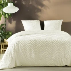 Housse de couette et deux taies microfibre tuftée (260 x 240 cm) Heltie Ivoire