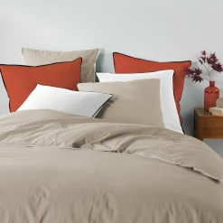 Housse de couette et deux taies coton lavé (260 x 240 cm) Linette Beige