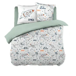 Housse de couette et deux taies enfant coton (240 x 220 cm) Galaxie Blanche