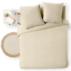 Housse de couette et deux taies d'oreiller coton (260 x 240 cm) Meline Beige sable