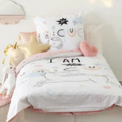 Housse de couette et une taie enfant coton (140 x 200 cm) Licorne Rose