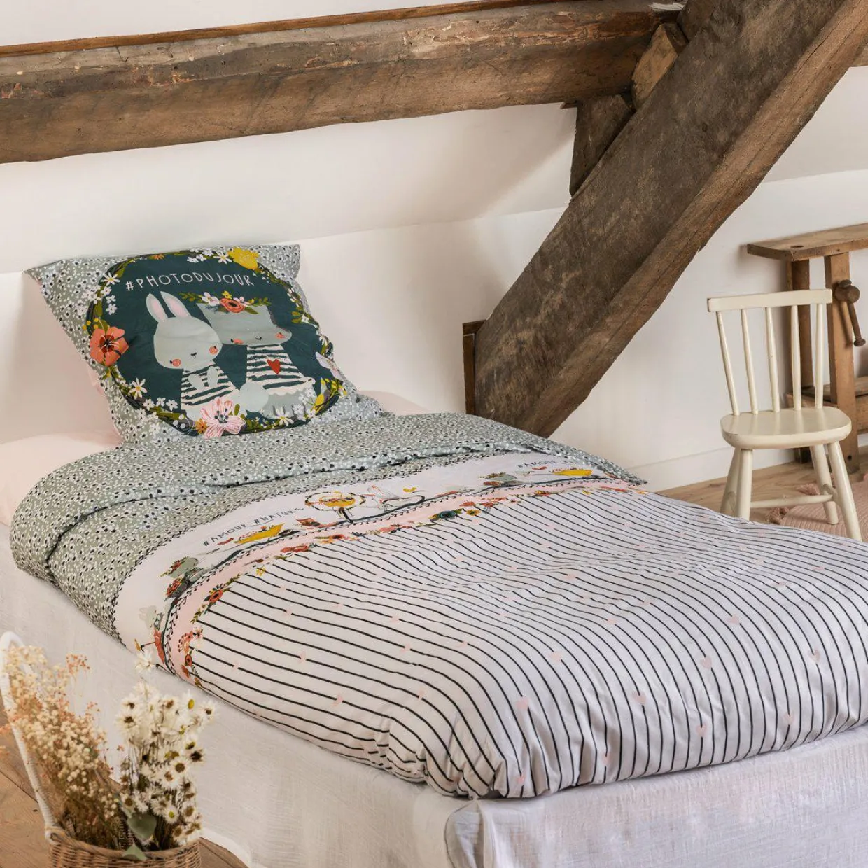 Housse de couette et une taie enfant coton (140 x 200 cm) Jardinage Multicolore